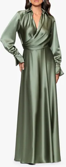 Spread Collar Long Sleeve Satin Gown | Nordstrom