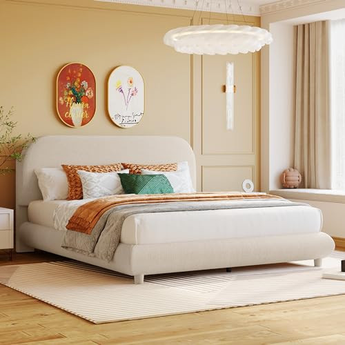Merax Teddy Fleece Queen Size Upholstered Platform Bed with Thick Fabric, Solid Frame and Stylish Curve-Shaped Design, Beige | Amazon (US)