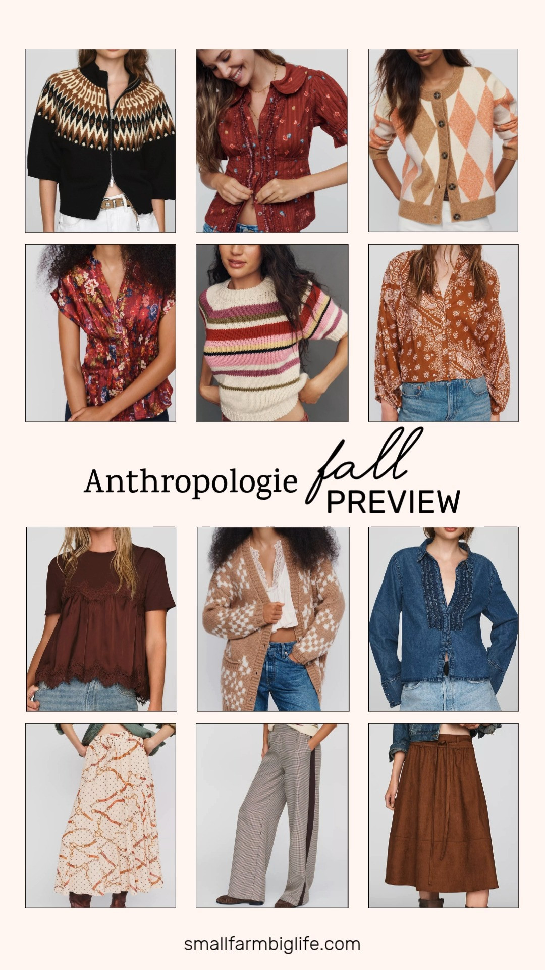 Anthropologie's fall preview is full of rich prints and cozy knits, and this lineup has something for every part of your wardrobe. The rust brown floral Pilcro Keira tuxedo blouse and the burgundy floral Linden pleated blouse both bring a romantic, feminine touch to blouses this season.

Knitwear is a standout here too. The peach, camel, and cream Maeve argyle cardigan and the tan and cream checker Pilcro oversized cardigan both bring a preppy layering piece, while the Fair Isle Sanctuary zip up sweater and the cream, pink, and red striped RAISONNEL wool blend sweater add a playful pattern to the mix.

For bottoms, the brown houndstooth Bishop + Young track pants bring a menswear inspired silhouette, while the coffee brown Greylin faux suede midi skirt and the cream equestrian print Greylin Megan midi skirt both offer a polished alternative to denim. The medium wash Pilcro denim ruffled buttondown shirt is a great transitional piece to layer over any of the above.

Finish the look with the rust paisley Pilcro Sidney batwing blouse or the chocolate Maeve layered twofer tank for an easy top option, and the blue embroidered sweatshirt for a casual, cozy day.

#anthropologie #fallpreview #fallfashion #falloutfits #anthrofashion 

 #LTKgrwm #LTKootd #LTKOver40