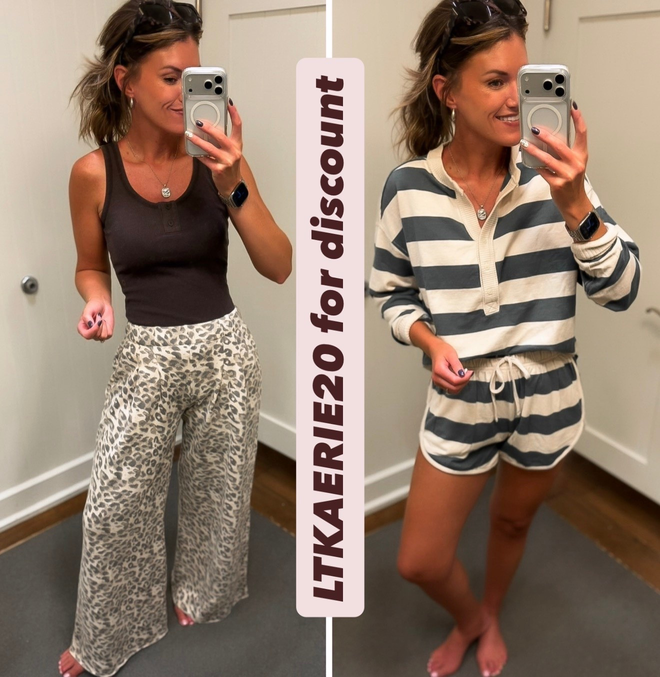 Aerie finds. 
On sale with code LTKAERIE20 (stacks on top of sale prices) 
Tank/medium
Pants/small
Henley/ small
Shorts/ medium 

#LTKSeasonal #LTKSaleAlert