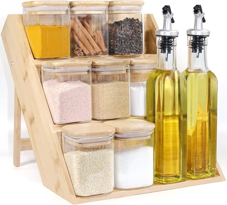 Square Glass Spice Jars with Rack, Spice Jars and Rack Set, including 8 Square Spice Jars, 2 Oliv... | Amazon (US)