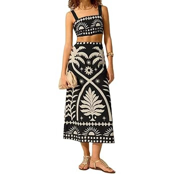 THLAI Women 2 Piece Midi Skirt Sets Tropical Print Crop Top and Midi Skirt Set Summer Casual Vaca... | Amazon (US)
