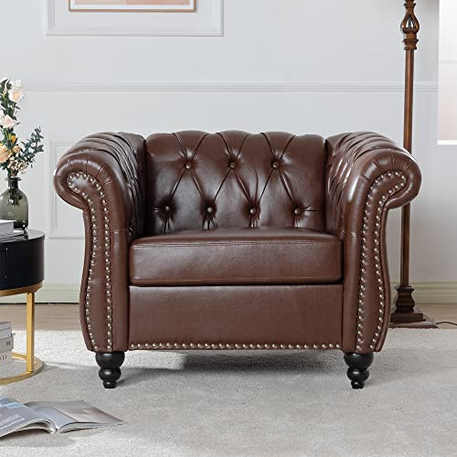LEVNARY Leather Chesterfield Chair, Mid-Century Modern Single Sofa Chair, Tufted Upholstered Rolled Armchair for Home Bedroom Reading Room (Dark Brown) | Amazon (US)