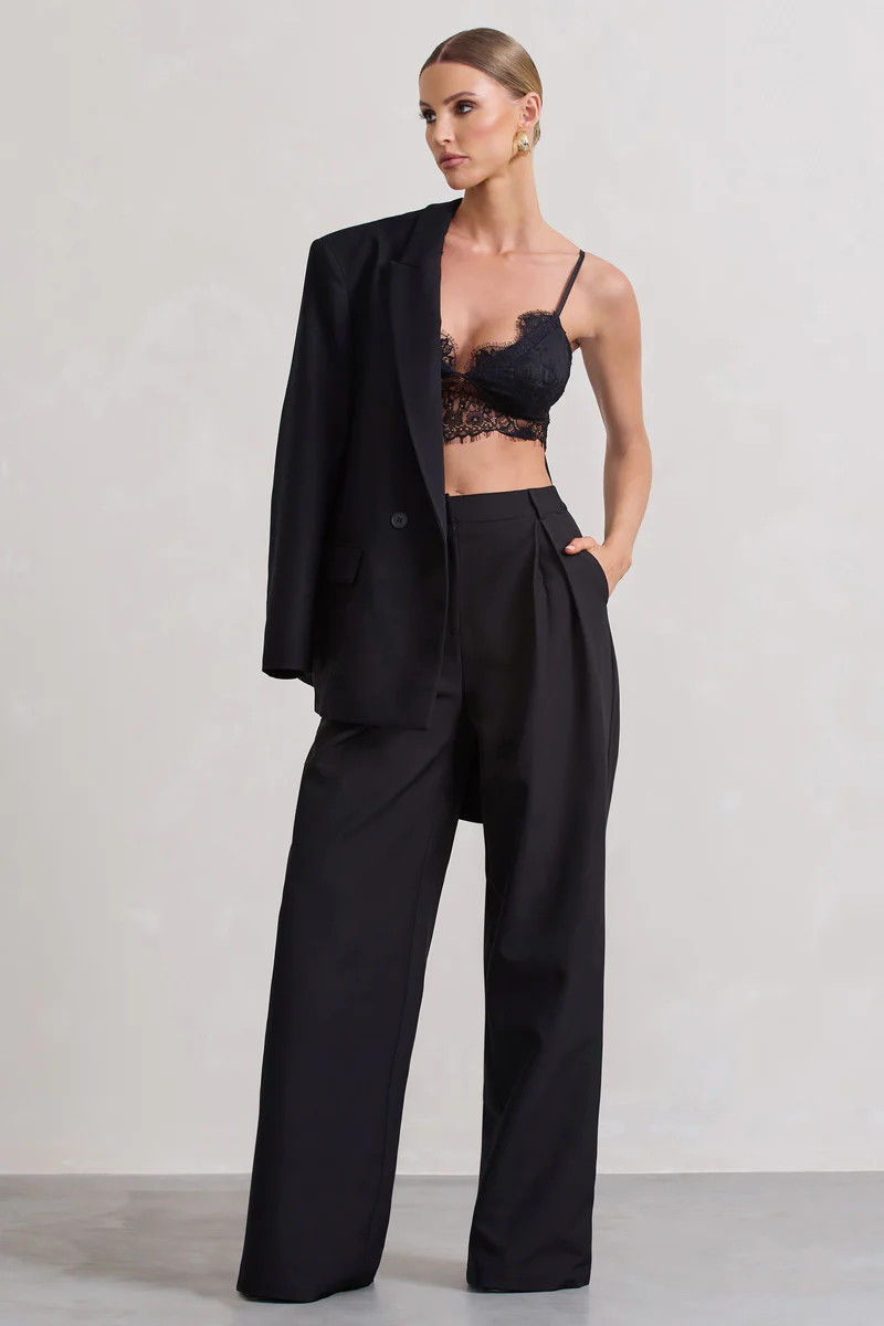 Raina | Black High Waist Pleated Wide-Leg Trousers | Club L London