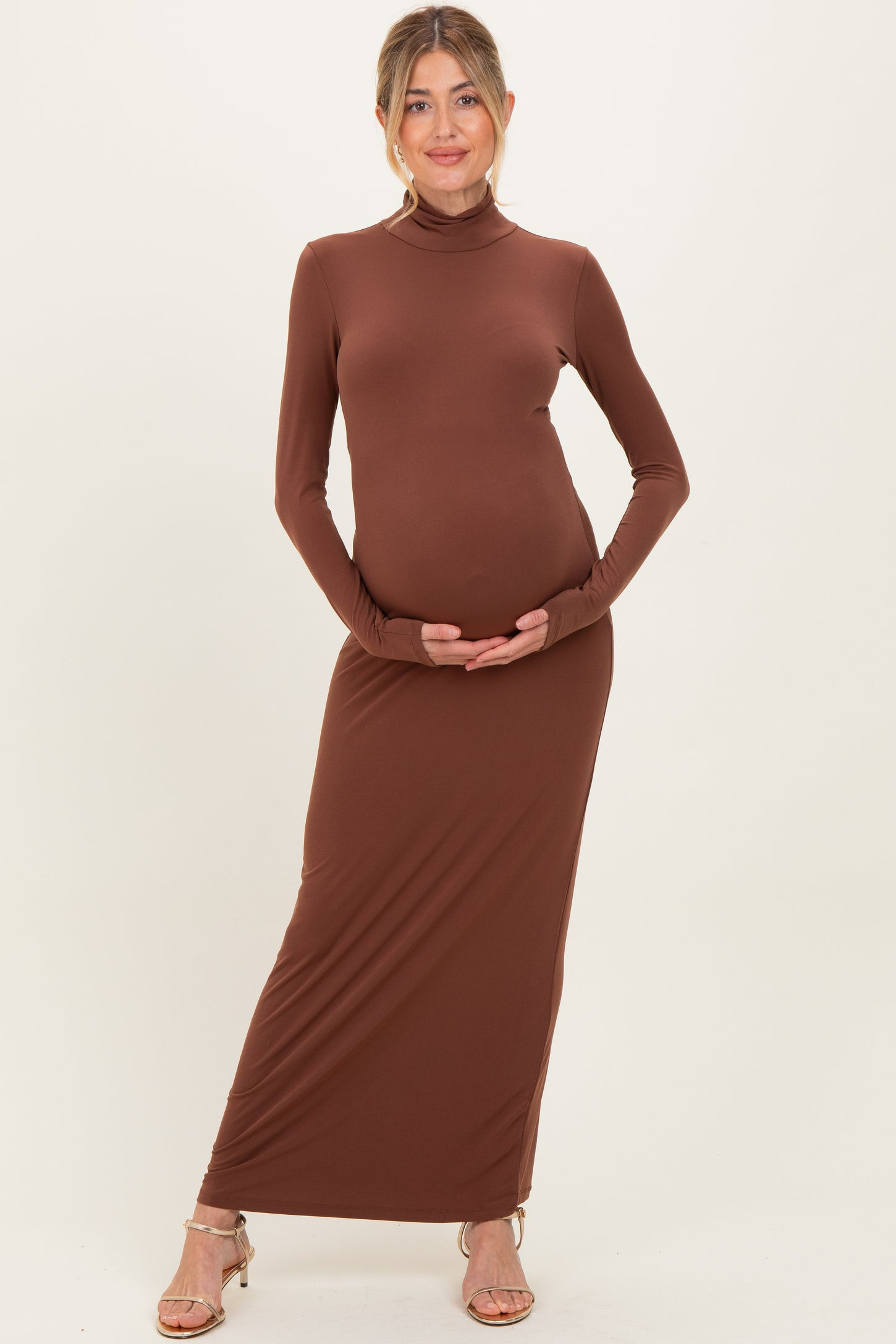 Camel Turtleneck Long Sleeve Maternity Maxi Dress | PinkBlush Maternity