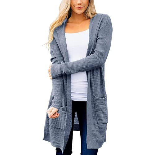 Womens Casual Oversized Hooded Open Front Knit Cardigan Sweater Long Sleeve Lightweight Sweater Coat Gray Medium | Amazon (US)