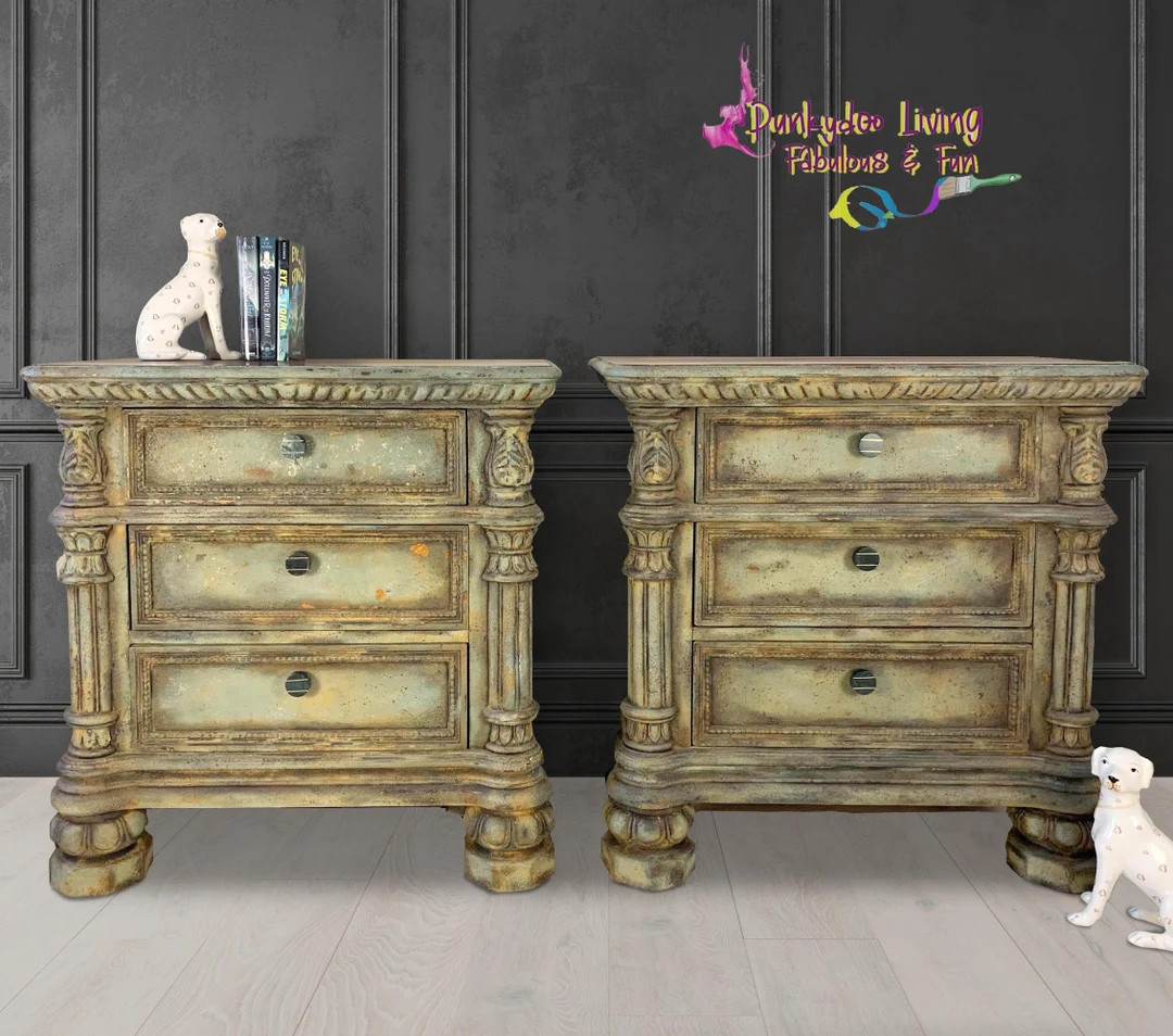 Nightstands Pair Two Vintage Wood Green Gray Patina Oversized - Etsy | Etsy (US)