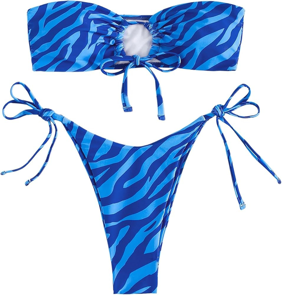 Milumia Women's 2 Piece Bandeau Bikini Set Zebra Striped Ring Cut Out Strapless Cheeky Swimwear | Amazon (US)