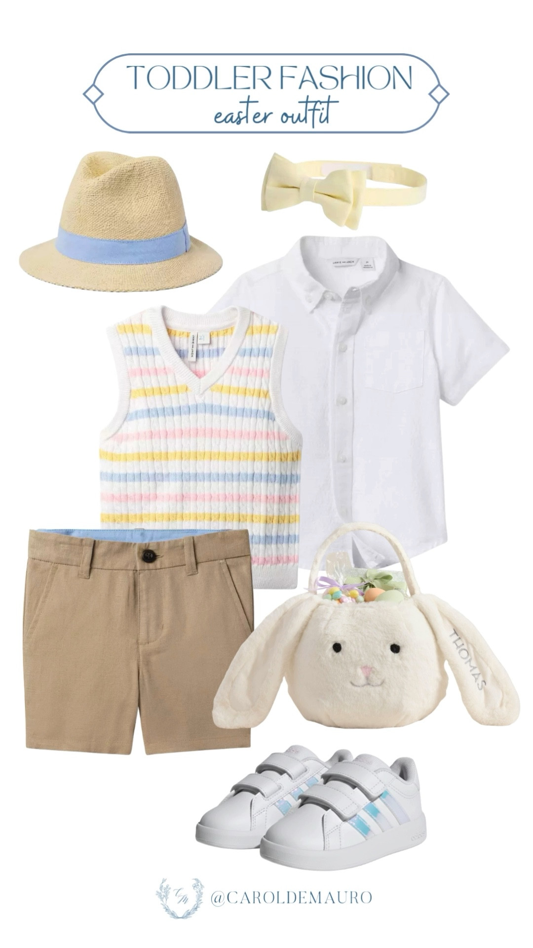 Have your little one looking so dapper this Easter in a crisp white button-down paired with a playful pastel-striped sweater vest and classic khaki shorts! Accessorize with an adorable straw fedora and a plush bunny basket for a holiday outfit that's perfect for egg hunts and family photos alike.

toddler outfits, transitional fashion, kids accessories, casual looks, mix and match, baby boy style, easter style, sundays best

#LTKU #LTKBaby #LTKSeasonal