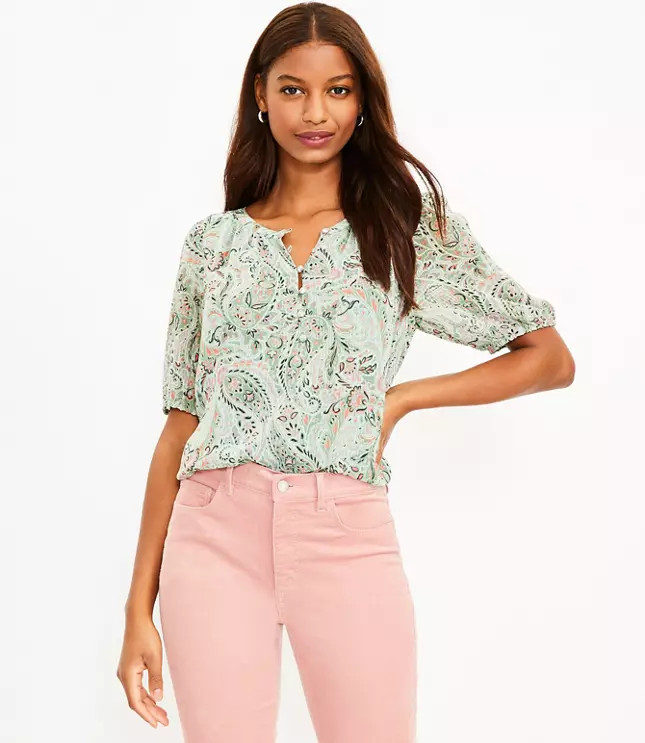Paisley Henley Puff Sleeve Top | LOFT