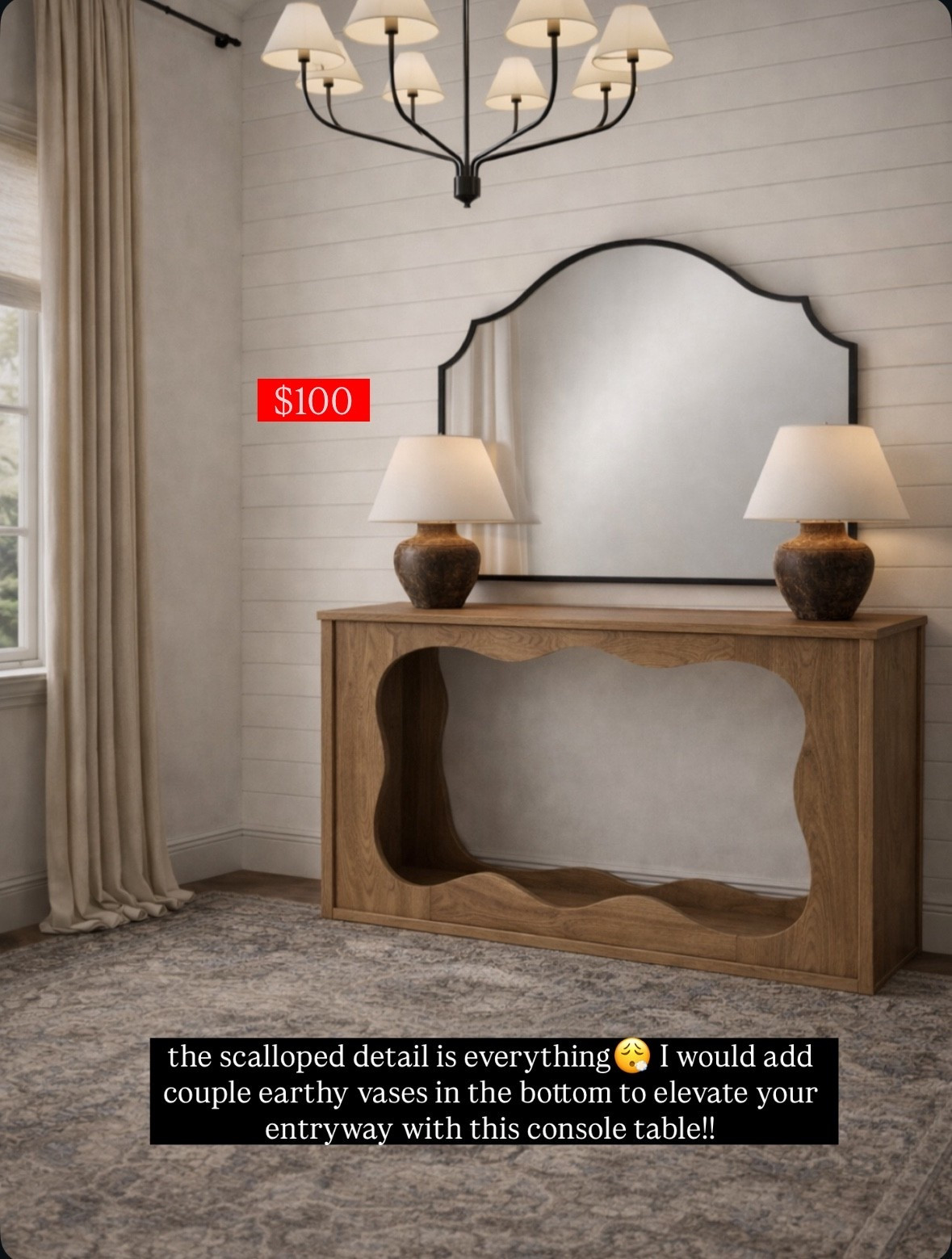 Scalloped console table is under $90. It’s perfect way to add character in your entryway. Adding couple earthy vases around could definitely elevate the space here.

#LTKSaleAlert #LTKFindsUnder50 #LTKFindsUnder100