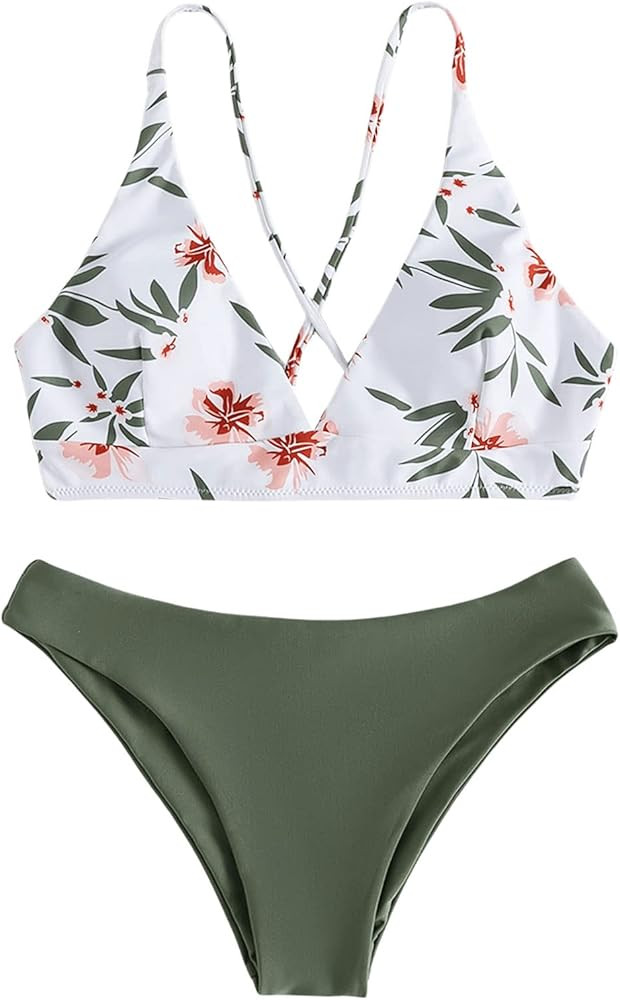 SweatyRocks Women's Sexy Bathing Suit Floral Print Cross Back Bikini Set Swimsuits | Amazon (US)