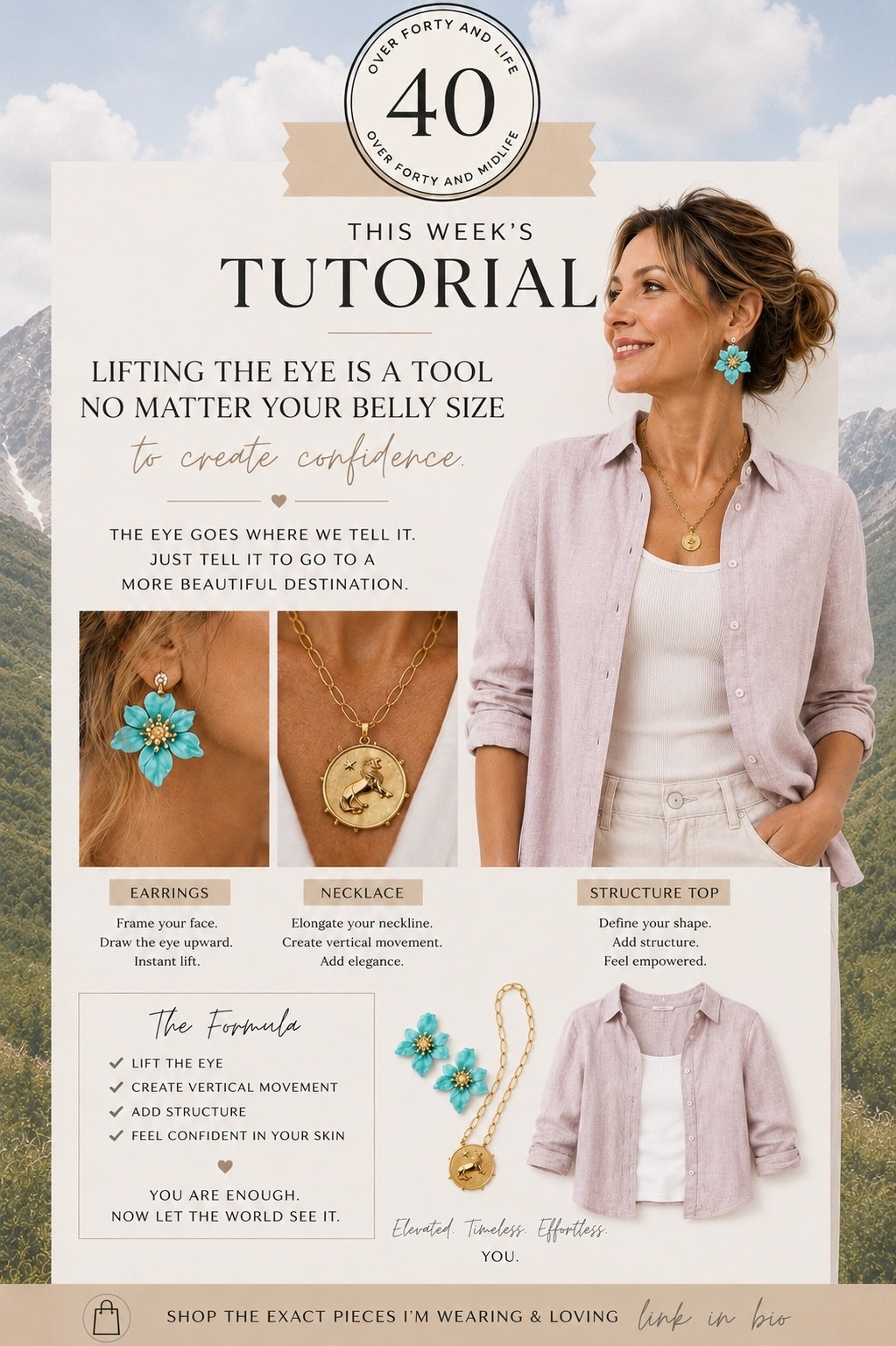 ✨Tap the bell, save and ❤️ for over 40 fashion, midlife style, midsize fashion and luxury looks for less. 

For years, I thought confidence started with losing weight.

It doesn’t.

One of the fastest ways to create confidence is learning how to lift the eye.

The eye goes where we tell it to go.

A beautiful earring.
A statement necklace.
A structured neckline.

Suddenly the focus shifts upward.

Not because you’re hiding your body.

Because you’re creating a more beautiful destination.

👑 Outfit Physics™:

✔ Lift the eye
✔ Create vertical movement
✔ Add structure
✔ Build balance

No matter your belly size, confidence often starts with where you place the visual attention.

👑 Helping you look good, feel good.-Lindsey Denver   Check back daily for belly-friendly style, confidence, and Outfit Physics™. 

#over40style #styleover40 #midsizefashion #midlifefashion #bodyconfidence #outfitphysics #over50style #fashionover40 #midlifeconfidence #genxstyle

#LTKOver40 #LTKMidsize #LTKPlusSize

Comment SHOP below to receive a DM with the link to this post on my LTK ⬇ https://liketk.it/6fLwU