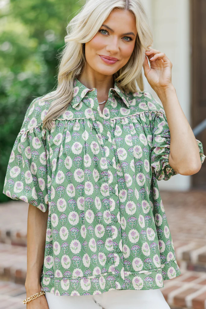 Better Than You Know Green Floral Medallion Puff Sleeve Blouse | The Mint Julep Boutique