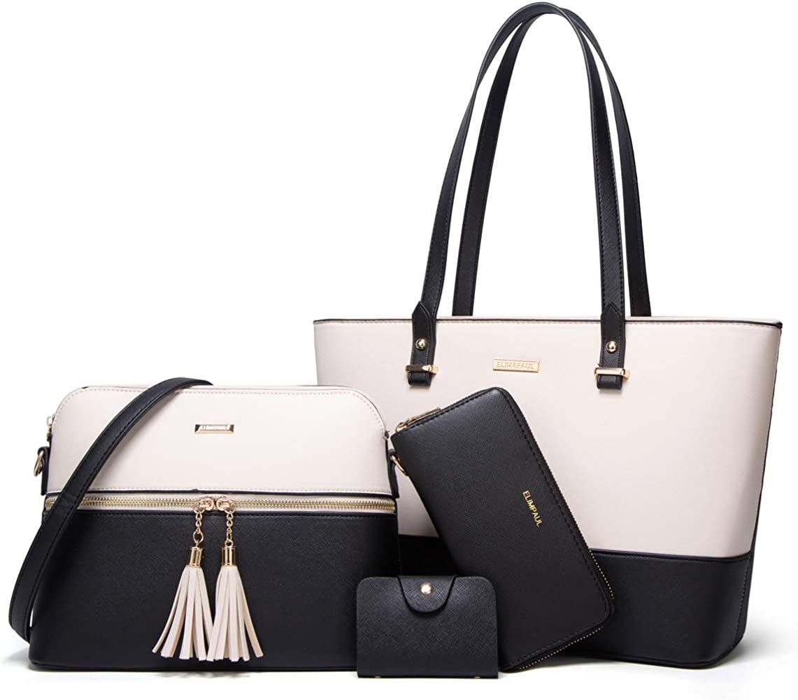 Women Fashion Synthetic Leather Handbags Tote Bag Shoulder Bag Top Handle Satchel Purse Set 4pcs | Amazon (US)