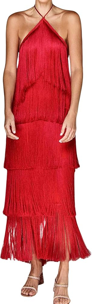 Yvipette Women’s Tiered Tassel Halter Dress Sexy Sleeveless Pullover Backless Long Party Dress | Amazon (US)