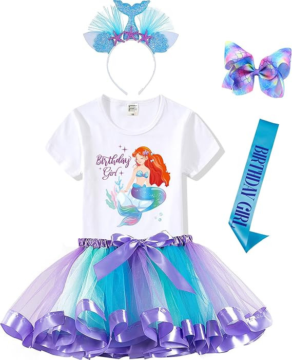 Tutu and Sian Mermaid Outfit Set – Shirt, Rainbow Tutu Dress, Satin Sash, Headband – Birthday... | Amazon (US)