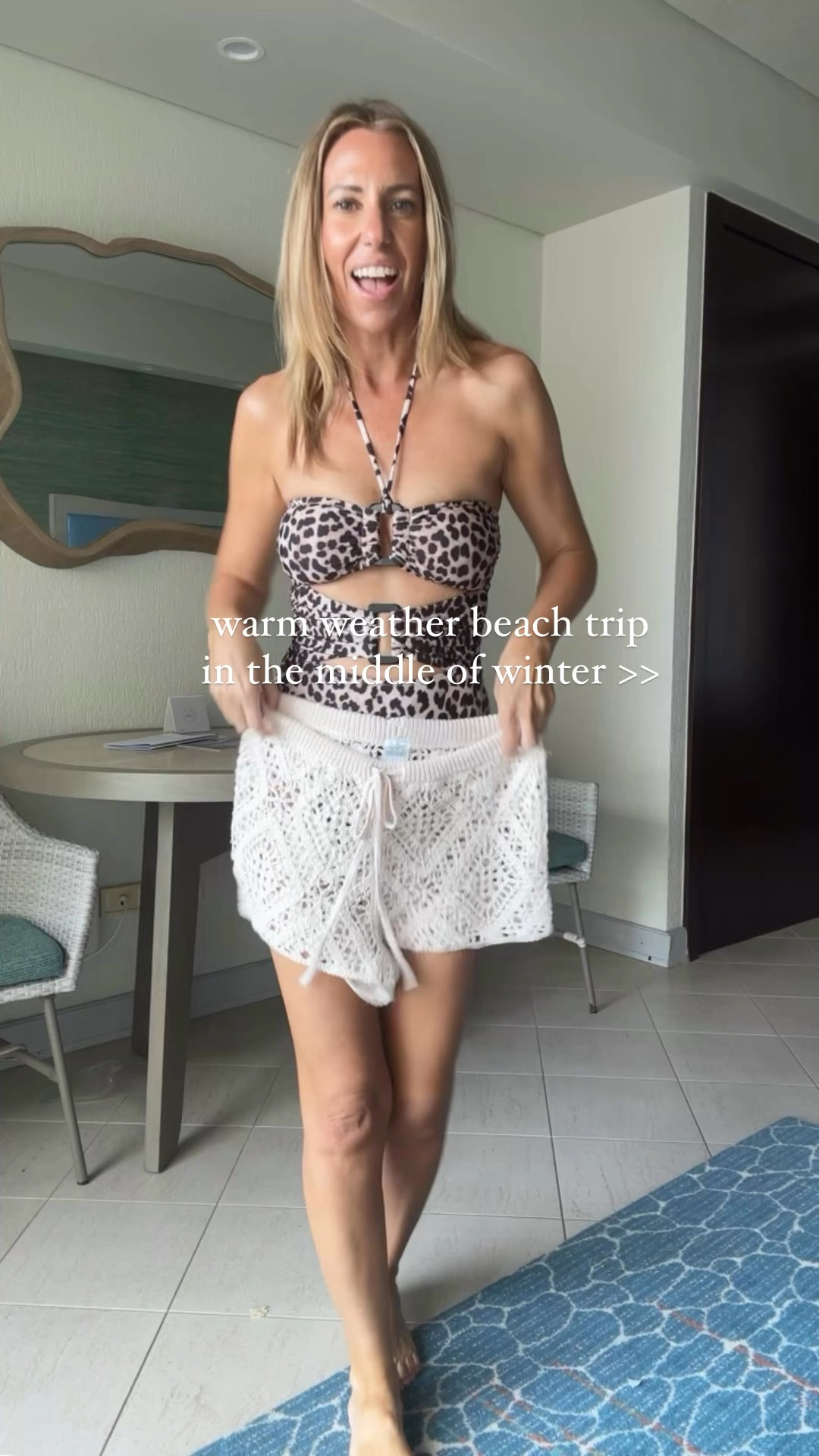 Spring break Beach outfit 
Wearing size xs in everything 
Crochet shorts and leopard swimsuit


#LTKSpring #LTKFindsUnder50 #LTKSwim
