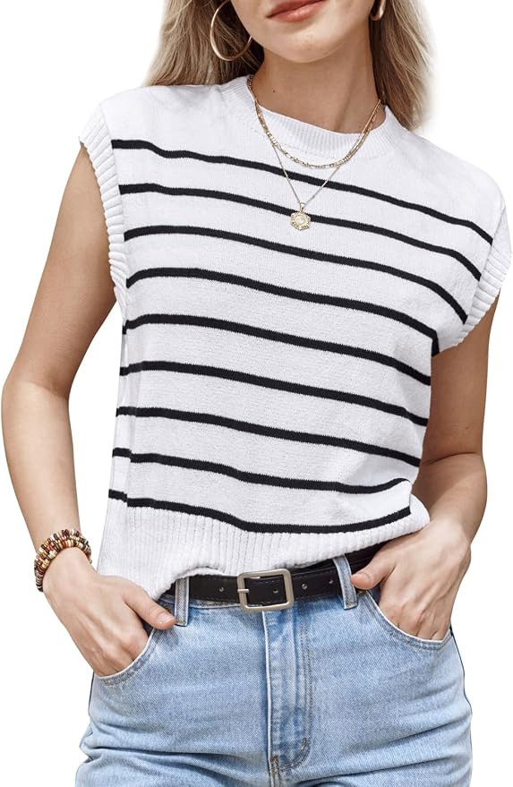 Arach&Cloz Women Business Casual Outfits Sleeveless Tank Tops Crew Neck Striped Sweater Vest Spri... | Amazon (US)