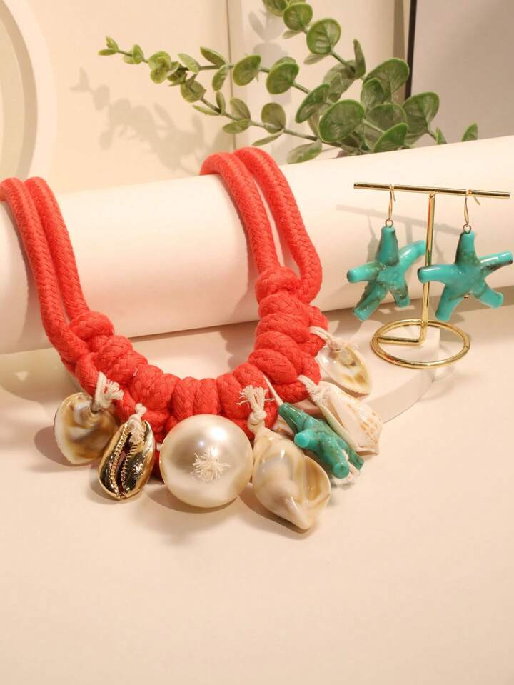 3pcs/Set Beaded Boho Seascape Theme Necklace & Earrings Jewelry Set, Featuring Colorful Shell & F... | SHEIN