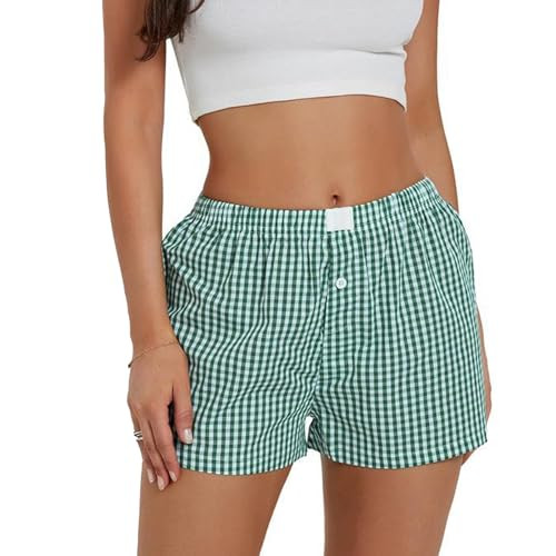 Gingham Boxer Shorts for Women Trendy Summer Y2k Low Rise Lounge Shorts Coquette Pajama Shorts Preppy Clothes (Green Gingham,M,Medium) | Amazon (US)
