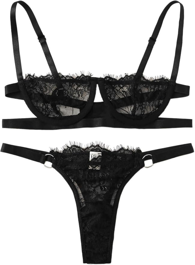 SheIn Women's 2 Piece Sexy Lace Strap Bralette Bra and Panty Lingerie Set Push Up | Amazon (US)