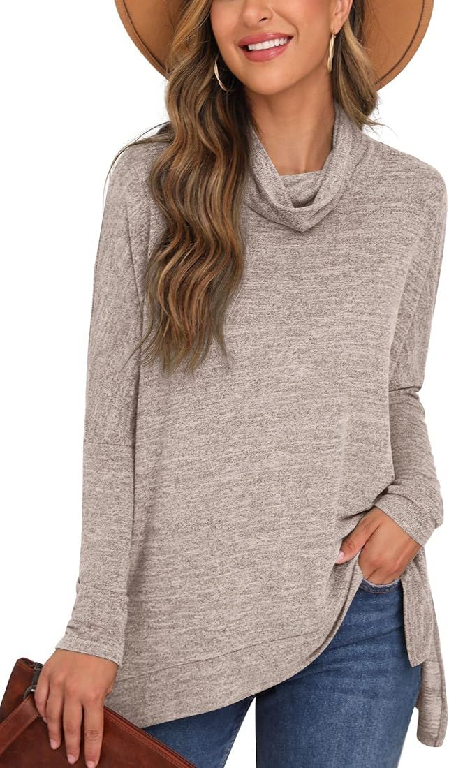 PrinStory Womens Loose Tunic Tops Turtleneck Long Batwing Sleeves Side Split Sweater | Amazon (US)