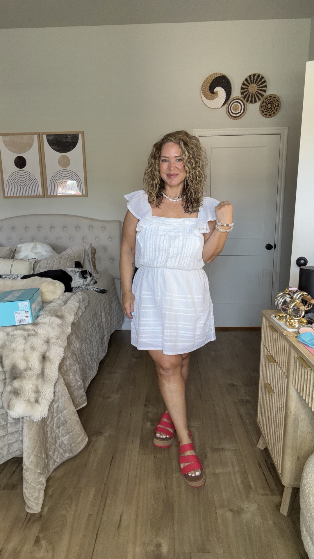 All true to size and wide foot friendly. Wearing a large in the outfits.