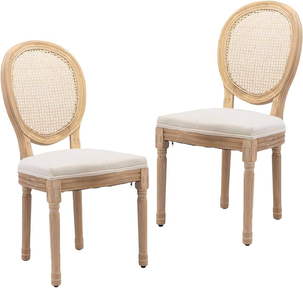 French Country Dining Chairs Set of 4, Rattan Dining Chair with Linen Fabric and Carved Solid Woo... | Amazon (US)
