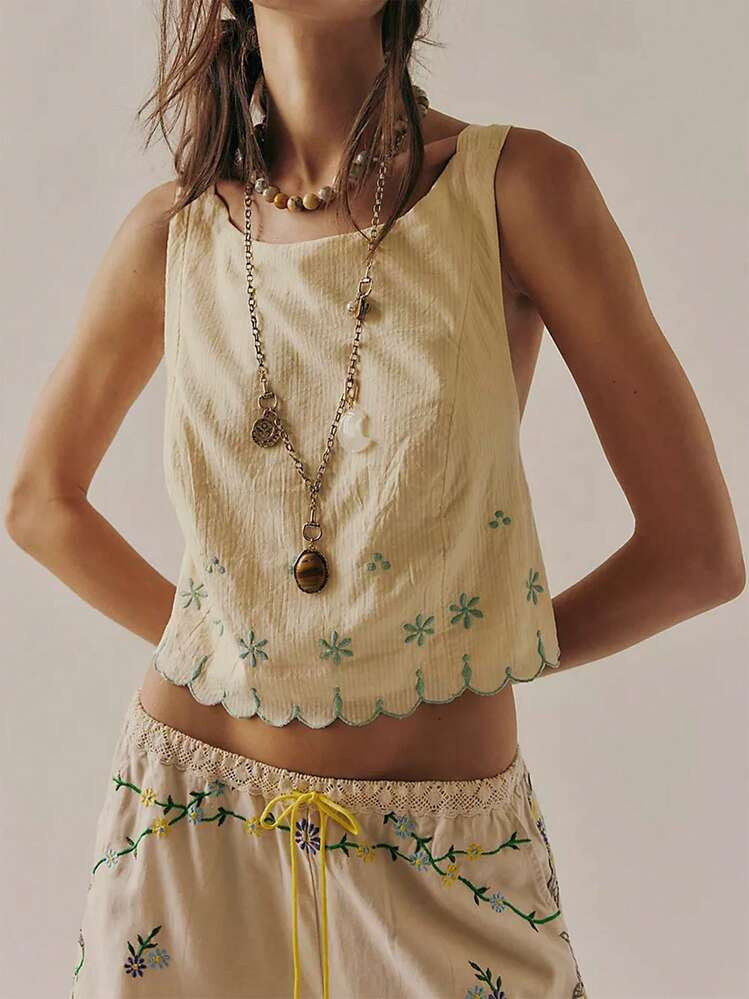 Womens Summer Sleeveless Casual Boho Crop Tank Top Crew Neck Flower Embroidered Back Tie-Up Vest Shirts | SHEIN