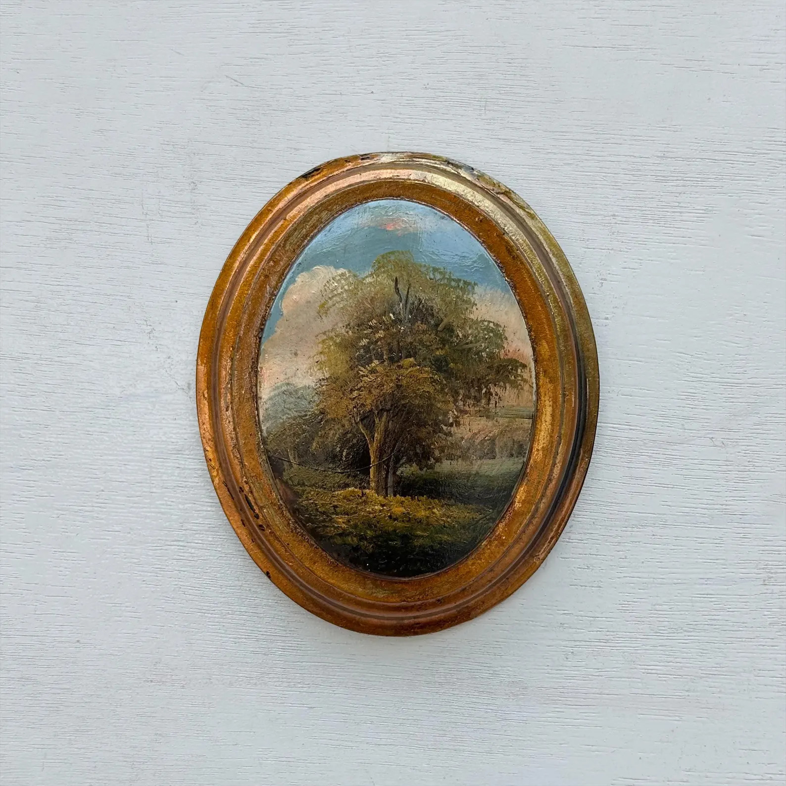 Hand Painted Vertical Oval Solitary Tree Landscape Oil Painting in Vintage Gold Frame（14×16cm... | Etsy (US)
