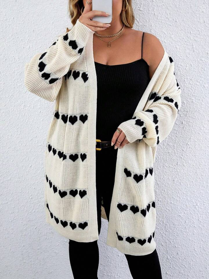 SHEIN CURVE+ Plus Size Open Front Cardigan With Heart Pattern | SHEIN