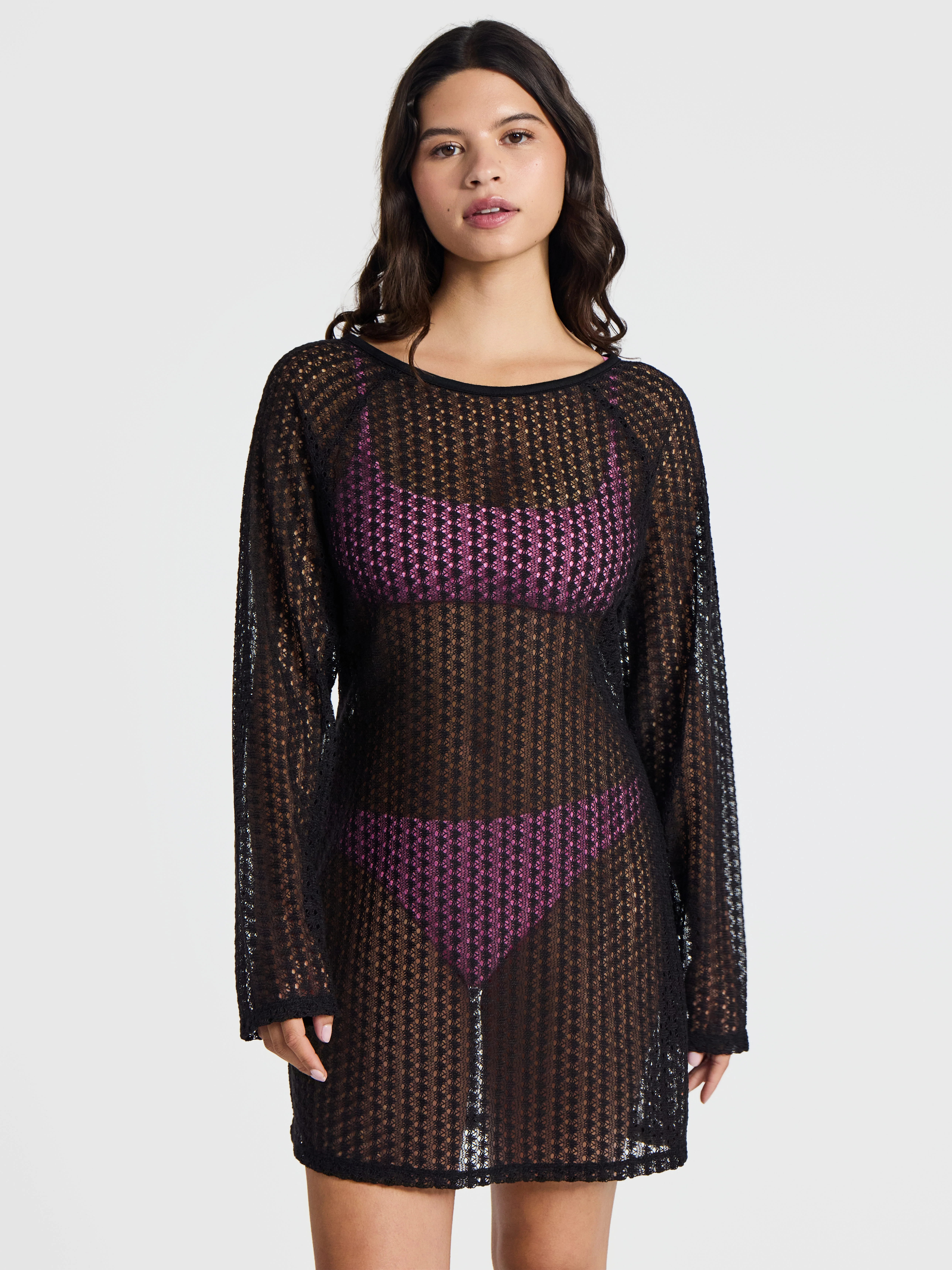 No Boundaries Crochet Raglan Dress Swim Coverup with Long Sleeves, Women's | Walmart (US)