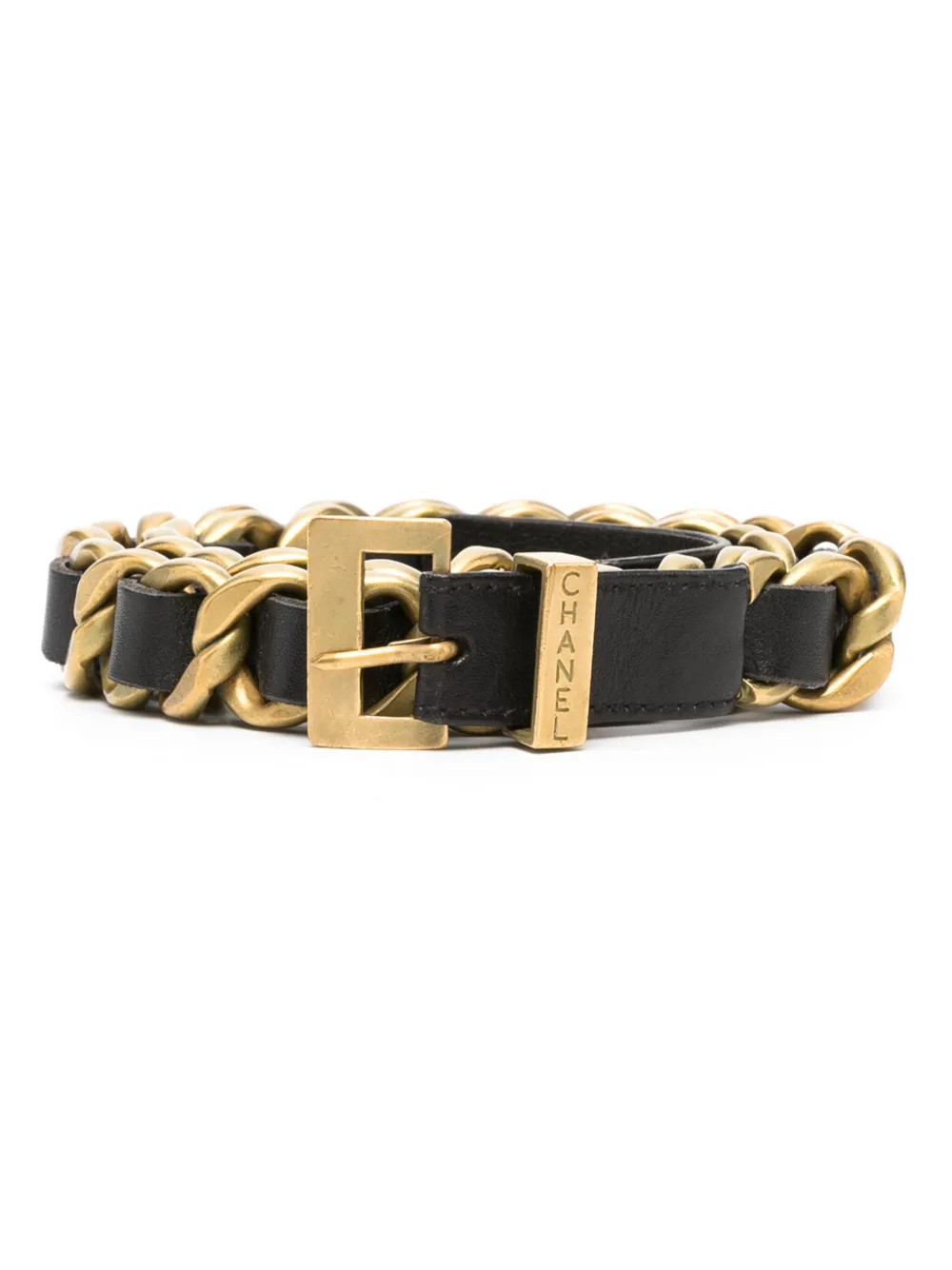 CHANEL Pre-Owned 1990s buckled leather-and-chain belt - Black | Farfetch Global