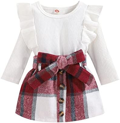 Noubeau Toddler Baby Girls Plaid Outfits Knit Ribbed Sweatshirt Shirt Tops Red Plaid Belt Skirt F... | Amazon (US)
