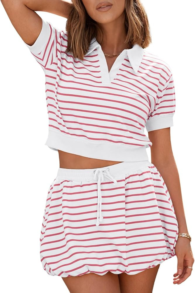 Fisoew Womens Striped 2 Piece Outfits Skort Set Short Sleeves Shirts Bubble Mini Skirt Sets Match... | Amazon (US)