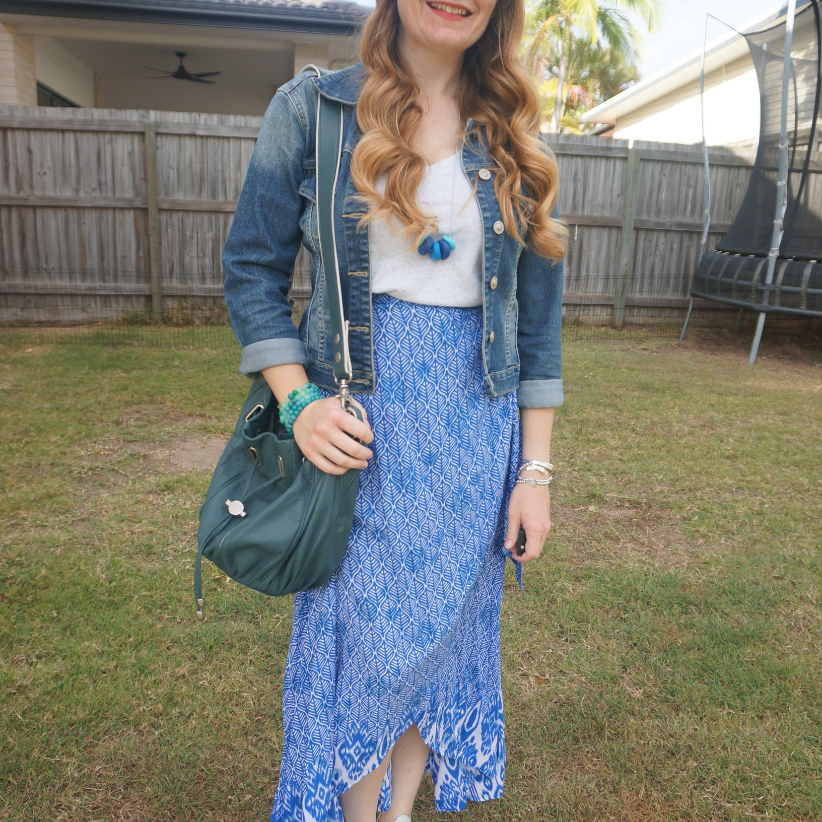 Thrifted tulip hem wrap skirt with white tee, vintage denim jacket and teal Mimco cocoon bucket bag 💙

#LTKaustralia #LTKbag #LTKspring