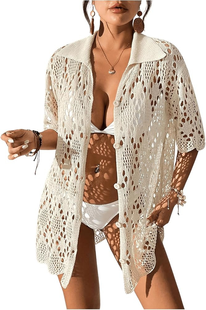 Verdusa Women's Corset Hollow Out Button Down Cover Up Half Sleeve Lapel Neck Knitted Kimonos | Amazon (US)