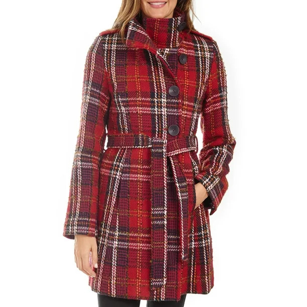 Donatella Plaid Wool Blend Coat - Walmart.com | Walmart (US)
