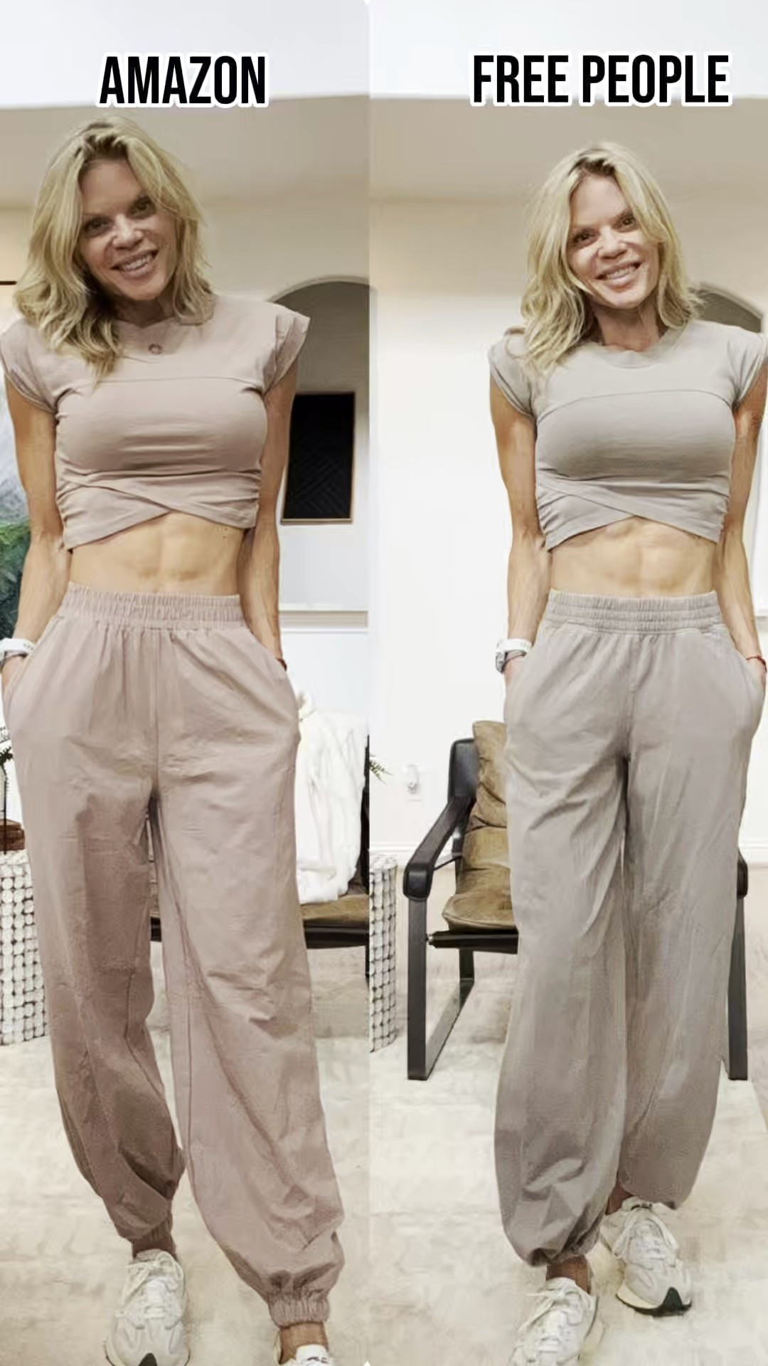 This is my go to airport look. Would also be perfect post gym to run errands in. The differences are the price, the logos on the back, the colors are off a bit and the Amazon one runs just a slight bit bigger. Wearing XS in both sets for reference. What do you think?

Also these New Balance 327 shoes are on sale for $79 so get em while you can!!!

#LTKFindsUnder50 #LTKSaleAlert #LTKStyleTip