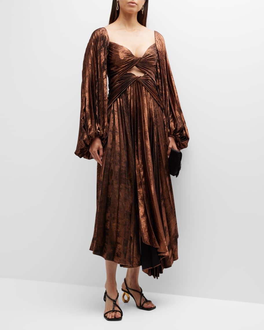 Acler Auroa Metallic Twist-Front Pleated Midi Dress | Neiman Marcus