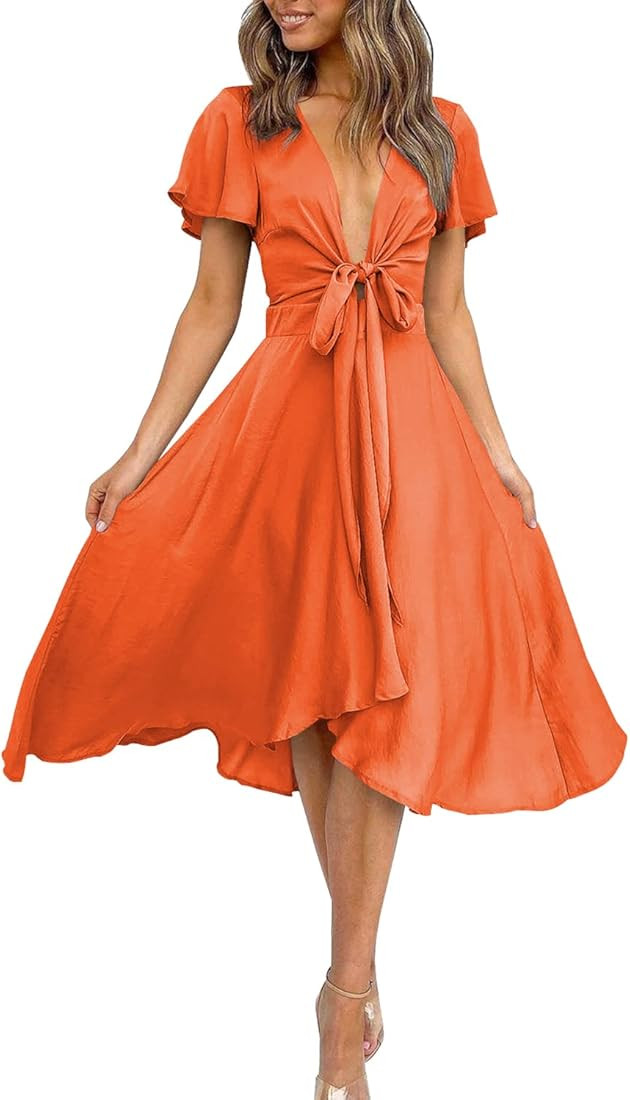 miduo Womens Satin V Neck Ruffle Short Sleeve Tie Front High Waist Midi A-Line Maxi Dresses | Amazon (US)