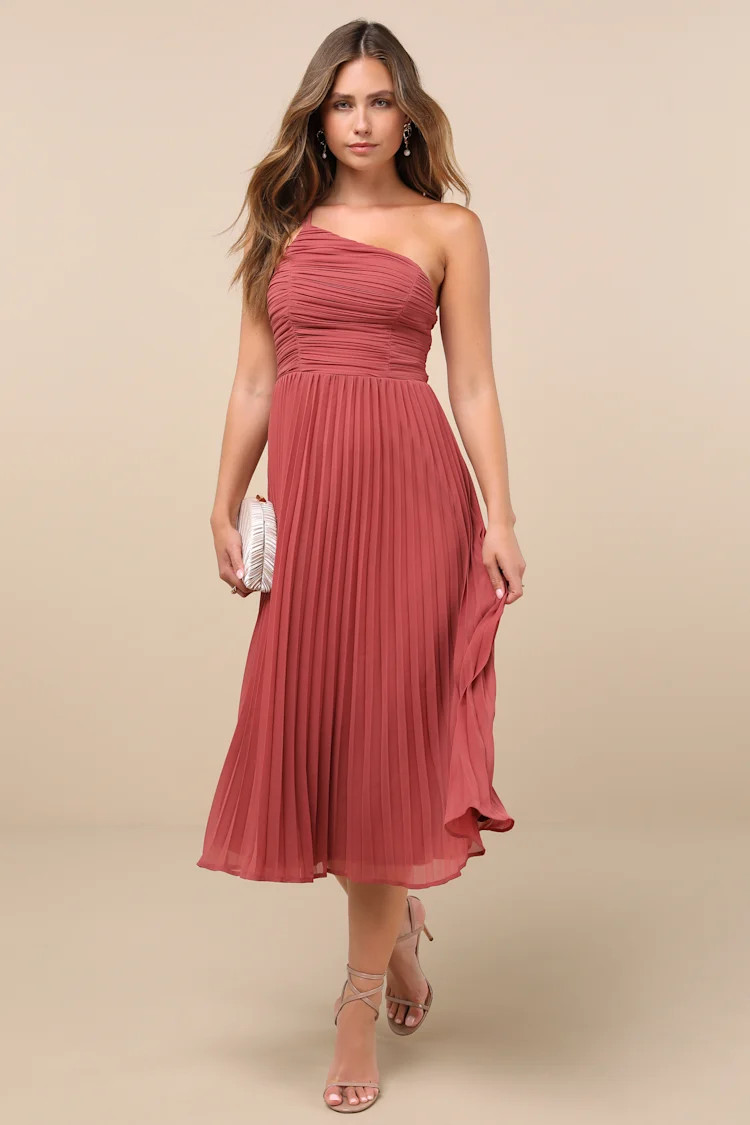 Wondrous Muse Rusty Rose Pleated One-Shoulder Midi Dress | Lulus