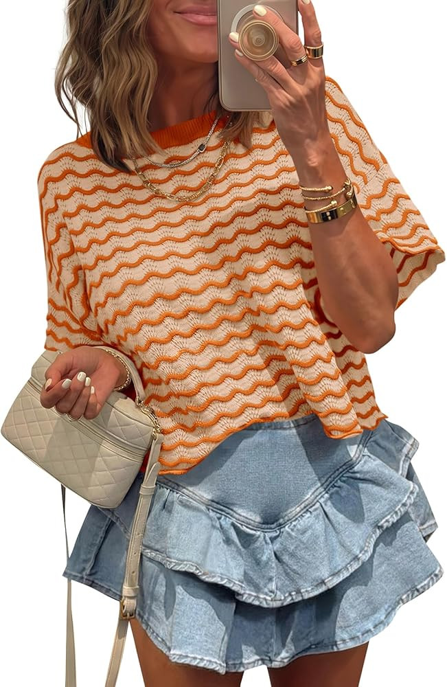 Tankaneo Womens Short Sleeve Sweater Striped Cropped Sweaters 2026 Summer Casual Crewneck Lightwe... | Amazon (US)