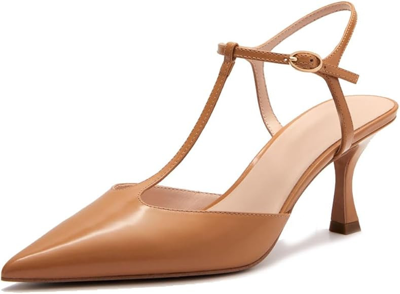 Slingback Heels for Women Pointed Toe Women's T-Strap Pumps Ankle Strappy Kitten Heel Wedding Par... | Amazon (US)