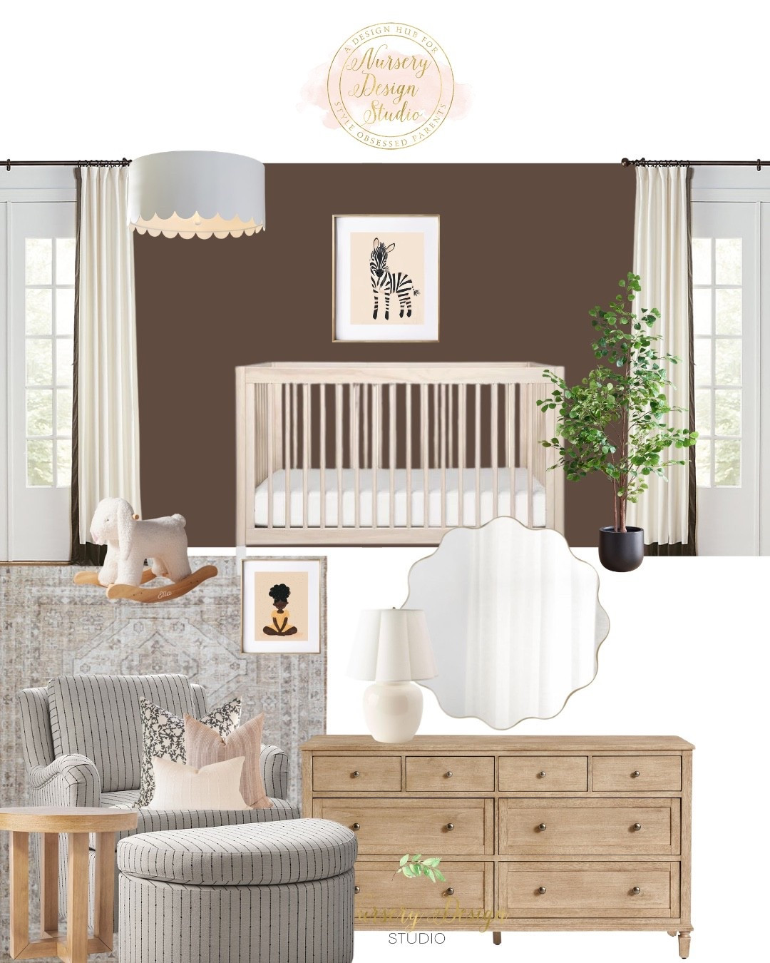 Shop Indiana’s nursery: the striped glider and matching ottoman pair with a warm wood dresser, scalloped brass mirror, hand-knotted neutral rug, sculptural table lamp, and sweet zebra art for an elevated nursery mix that feels cozy, collected, and playful.

#LTKBaby #LTKKids #LTKBump
