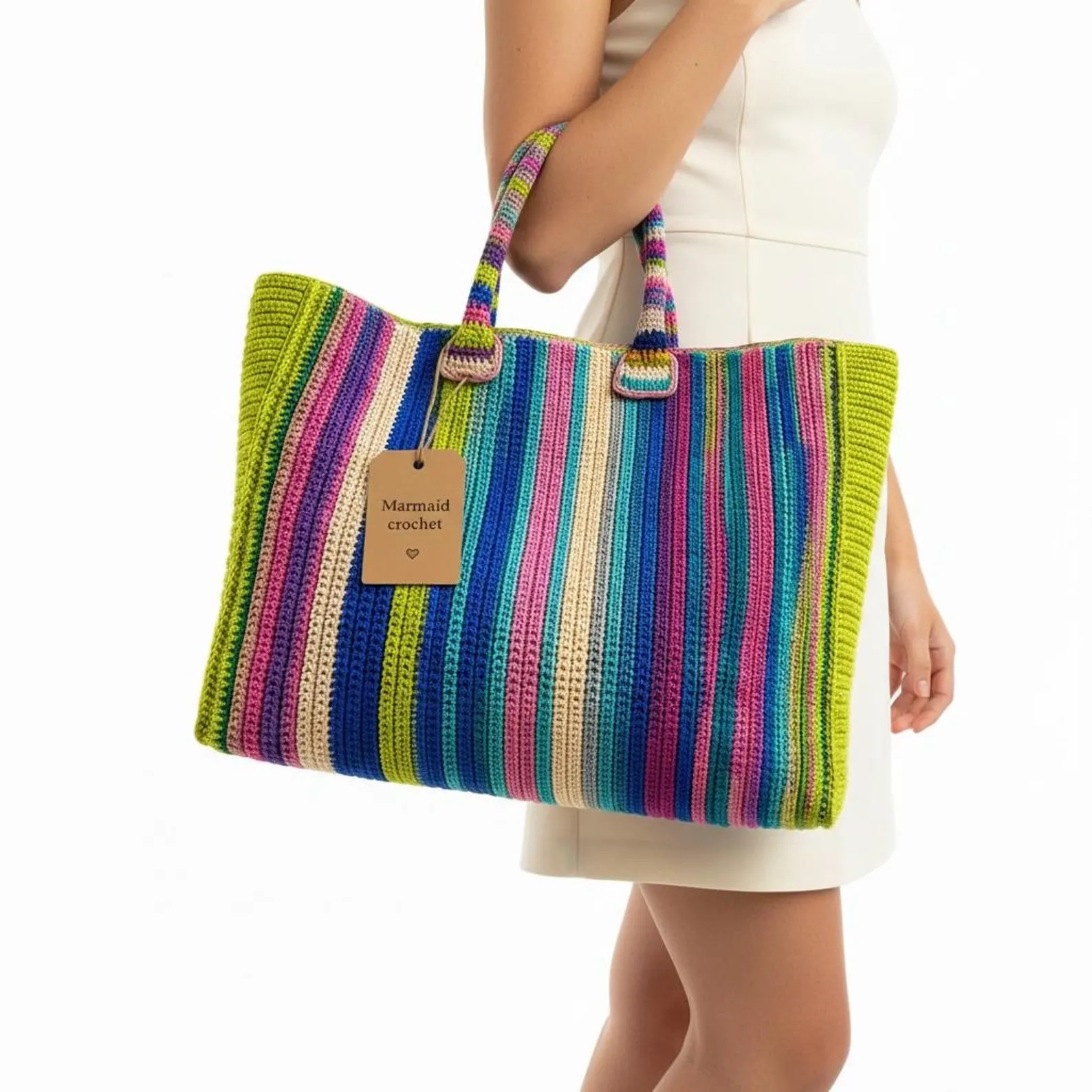 Hand Crocheted Cotton Tote Bag, Colorful Striped Shoulder, Boho Style | Etsy (Global)