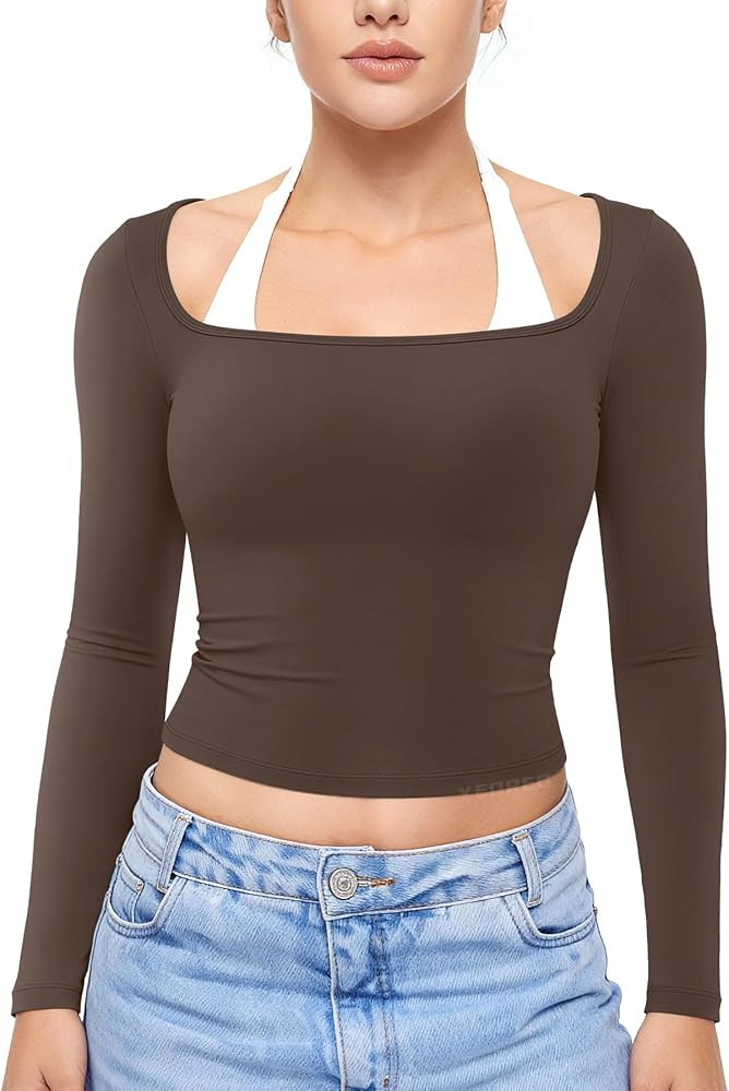 YEOREO Long Sleeve Workout Tops for Women Square Neck Slim Fitted Double Lined Compression Shirt ... | Amazon (US)