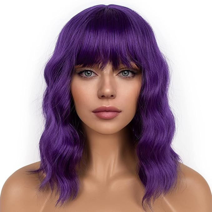 Dark Purple Short Bob Wigs with Bangs for Women Loose Wavy Wig Curly Wavy Shoulder Length Bob Syn... | Amazon (US)
