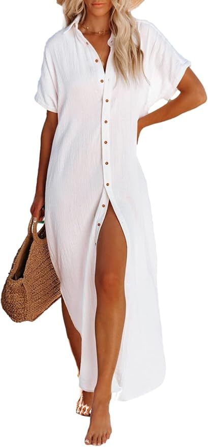 ReachMe Womens Oversized Button Down Shirt Dress Summer Bathing Suit Cover Ups Beach Short Sleeve... | Amazon (US)
